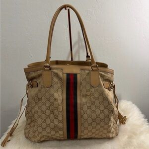 Gucci sherryline Tan Tote with Red and Green Accents Vintage